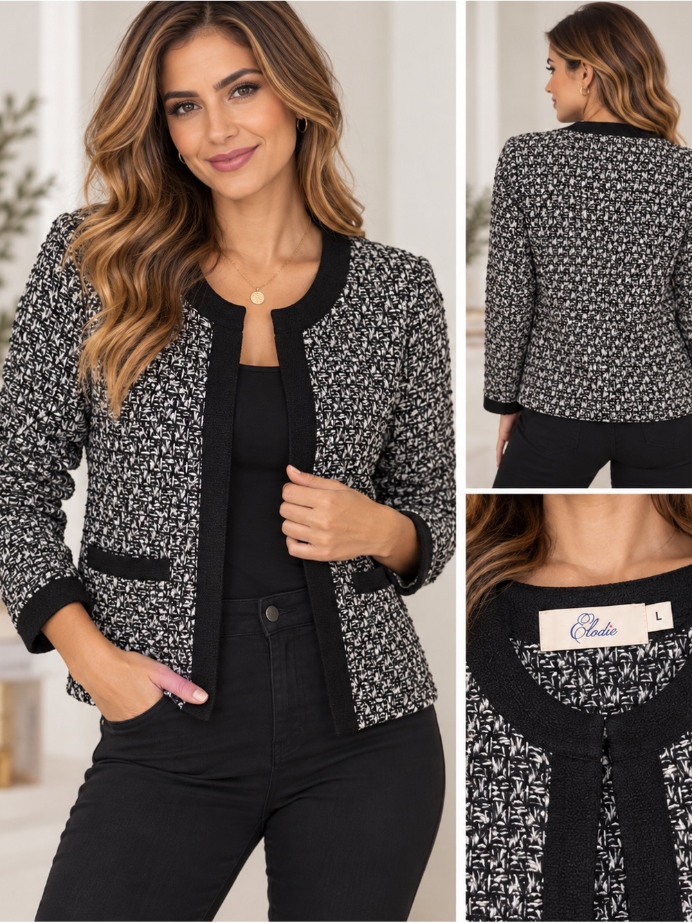 Elodie Black & White Textured Open-Front Jacket